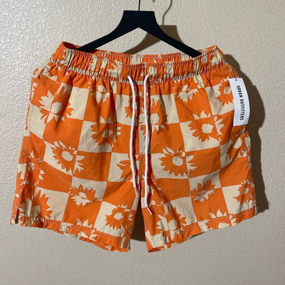 Urban Outfitters Orange and Cream Floral Men's Swim Shorts